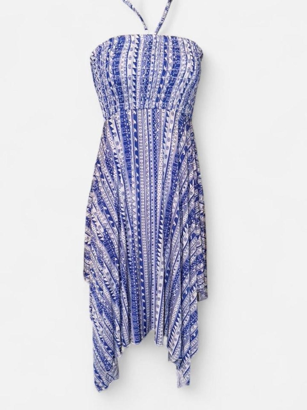Blue Patterned Halter Handkerchief Dress